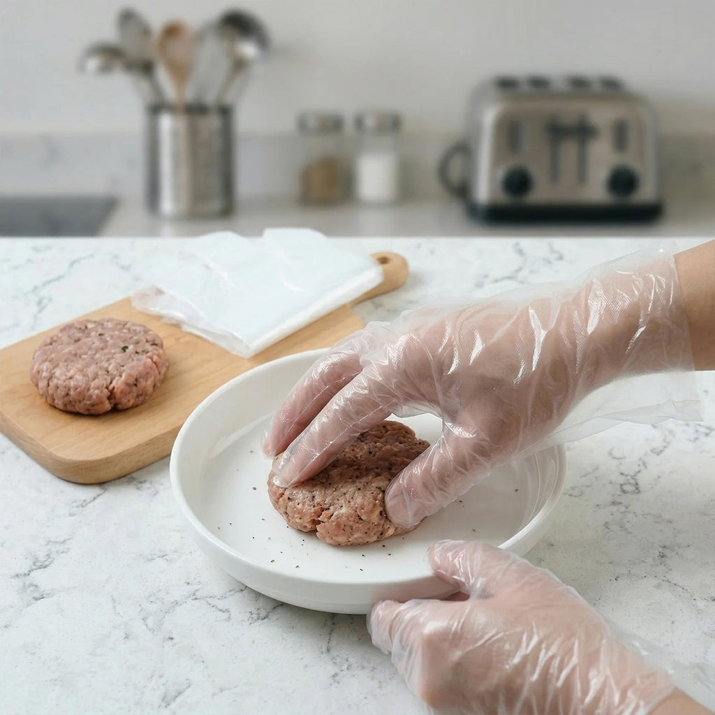 Clear disposable plastic gloves handling food in a bowl