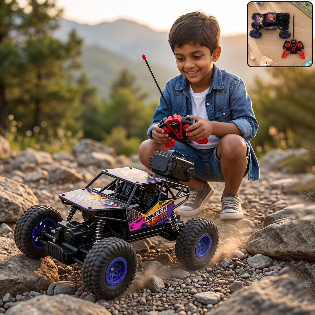 Remote-control rock crawler toy truck with blue wheels and purple RANGER decal, plus red remote.