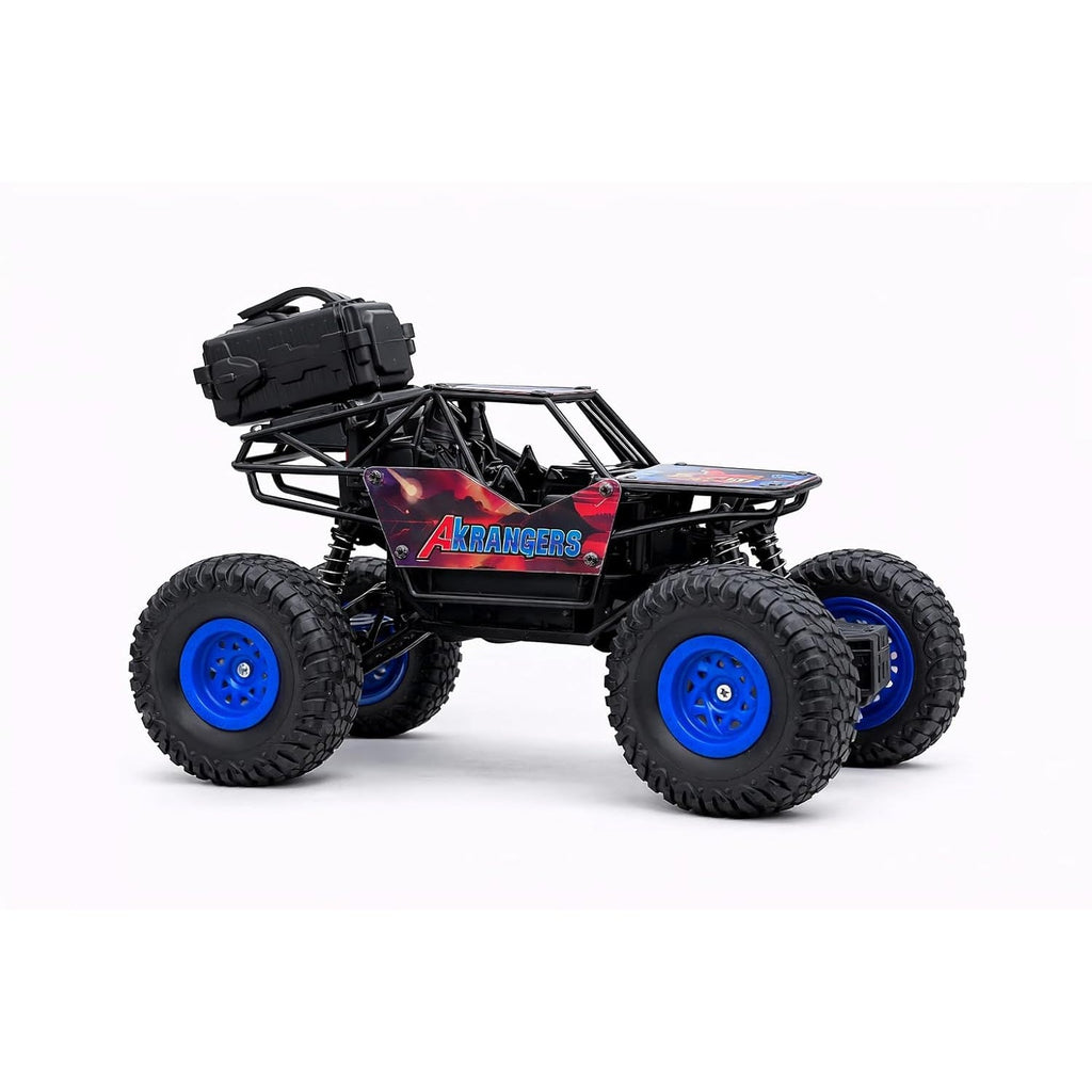Black rock crawler toy truck with blue wheel hubs and pink AkRangers side graphic.