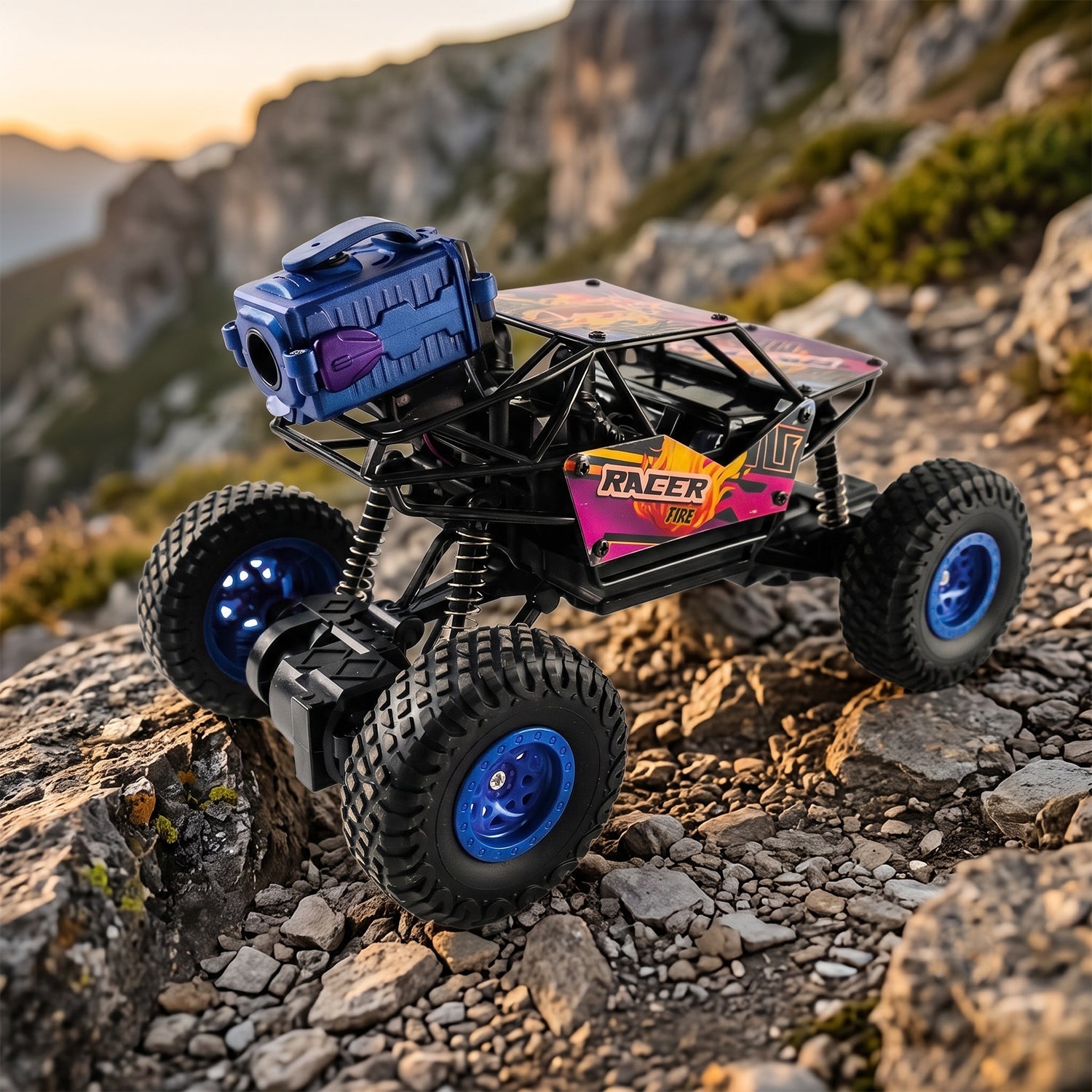Rock crawler toy truck with blue wheel LEDs and purple RACER decal on rocky terrain.