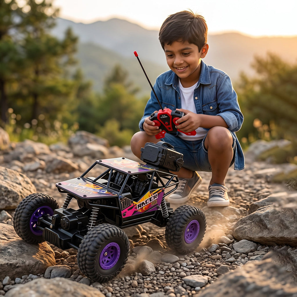 Rock crawler toy truck with blue wheels and purple decal; red remote controller in use.