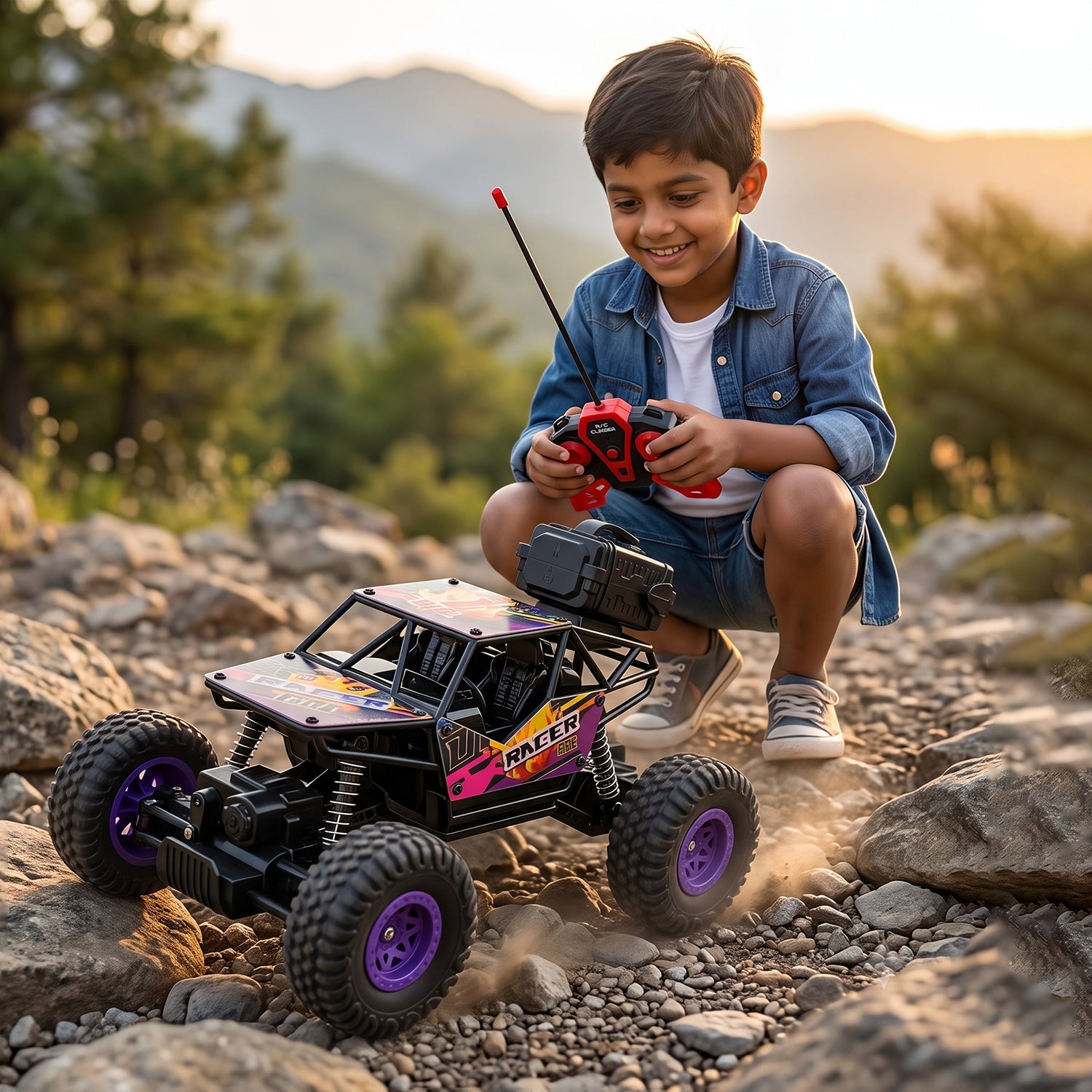 Rock crawler toy truck with blue wheels and purple decal; red remote controller in use.