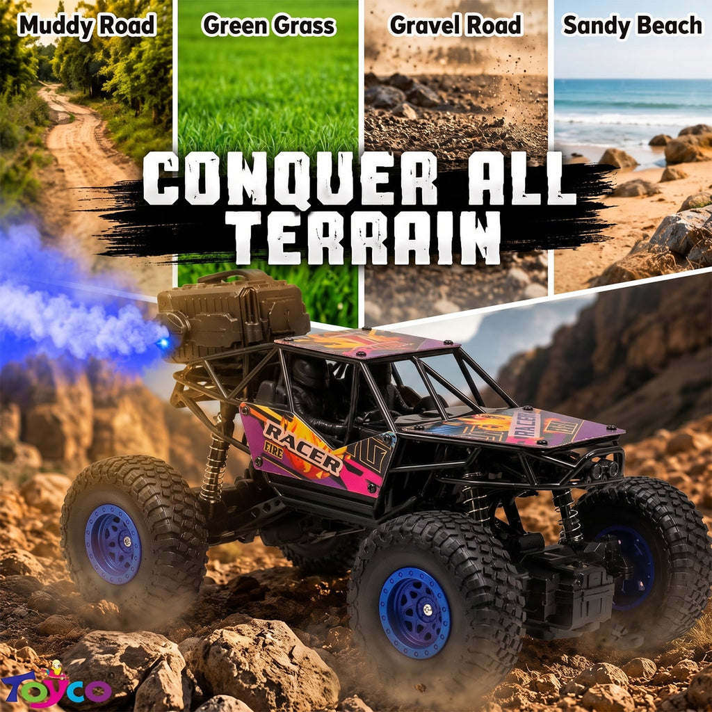 Rock crawler toy truck with purple decal and blue wheel LEDs, kicking up dust on terrain.