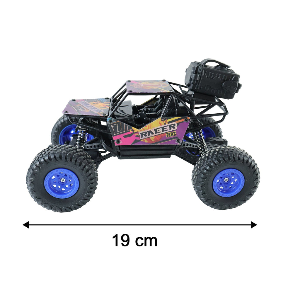 Rock crawler toy truck with blue LED wheels and RACER decal; size 19 cm.