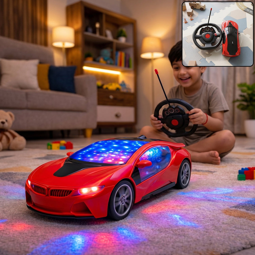Red remote control racing car with blue LED lights on indoor carpet