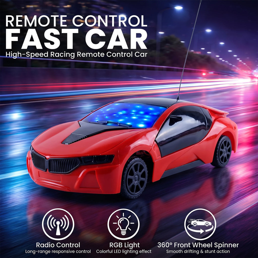Red fast remote control car with bright blue LED light panel and motion blur