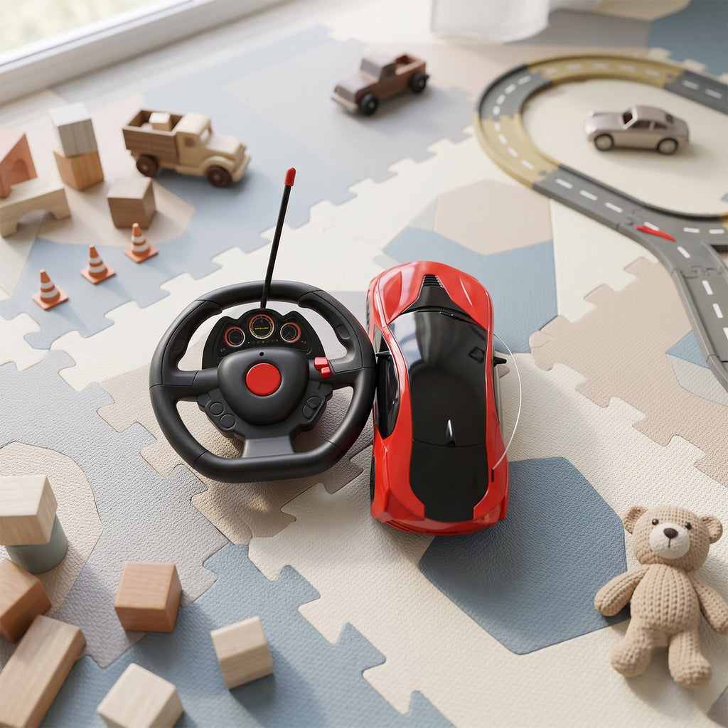 Red and black remote control car with steering wheel controller, on foam play mat
