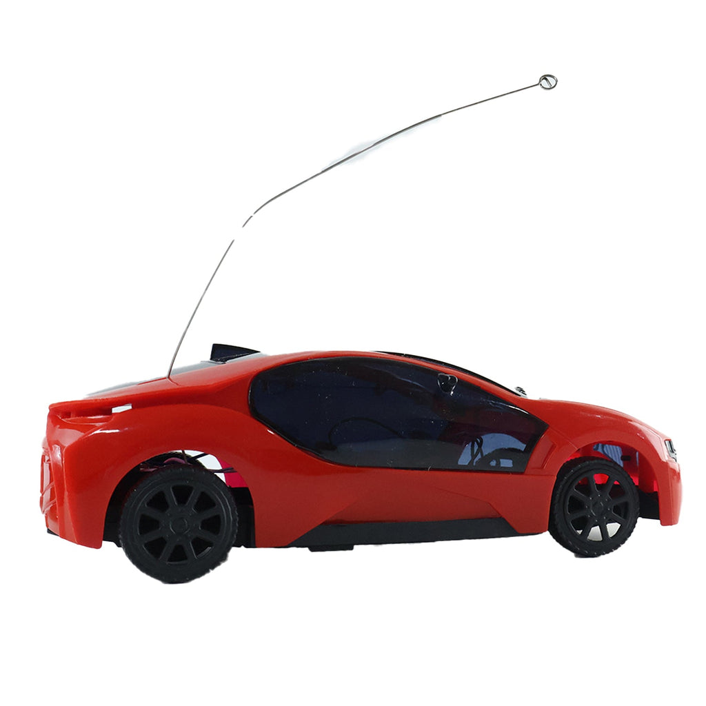 Red remote control racing car with clear windshield and black spoiler