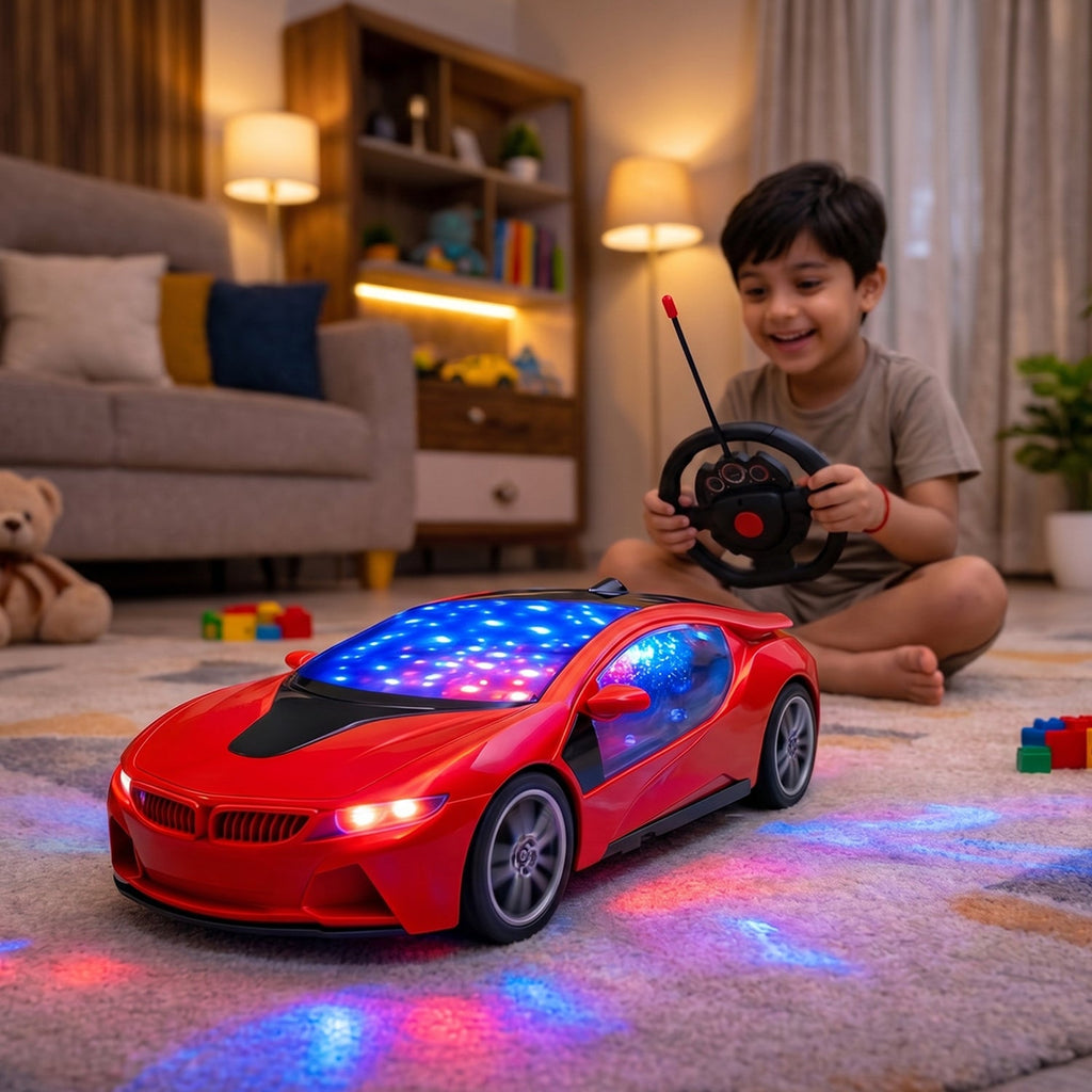 Red remote control racing car with blue LED lights and spinning front wheels