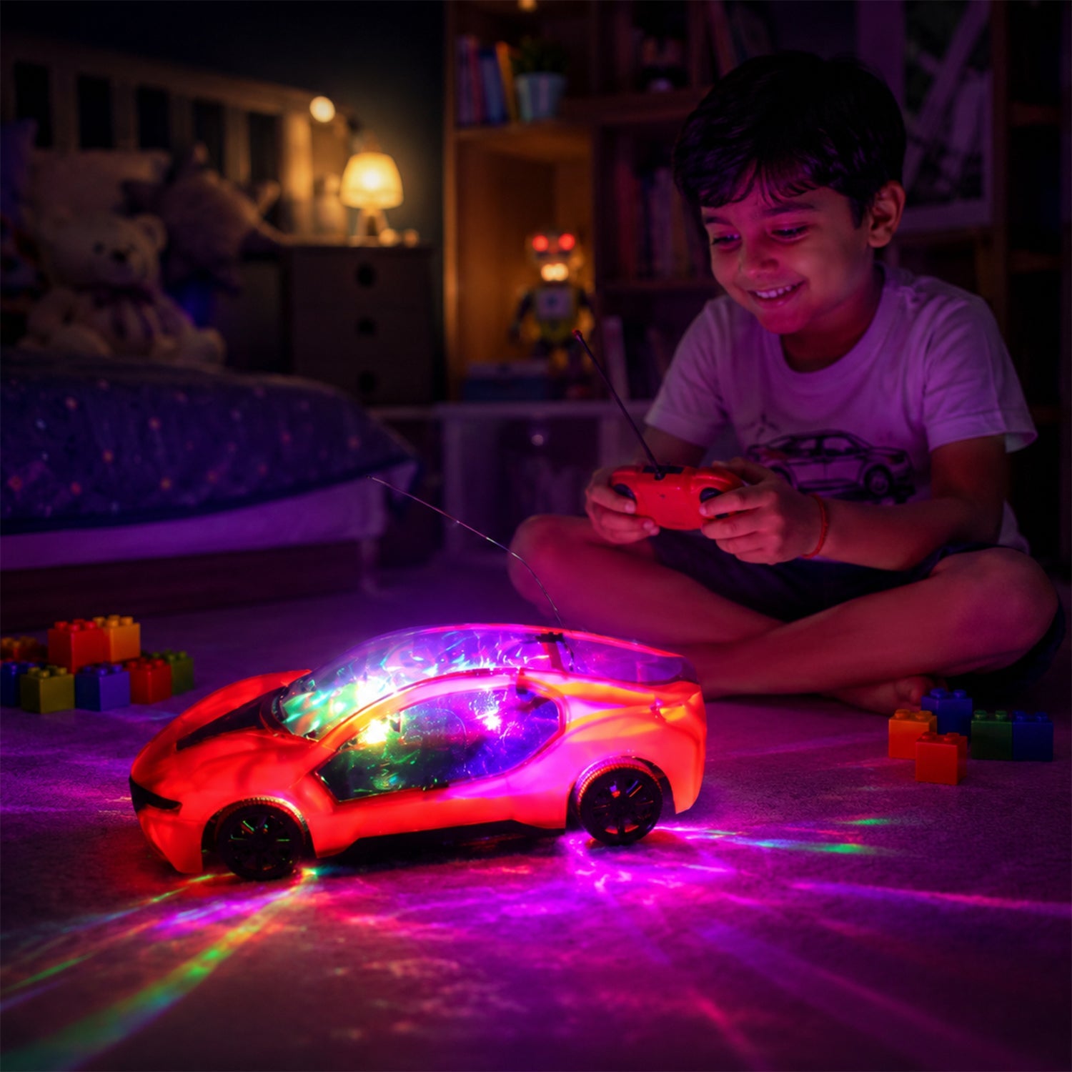 Red remote control car with colorful LED lights while a child holds the controller