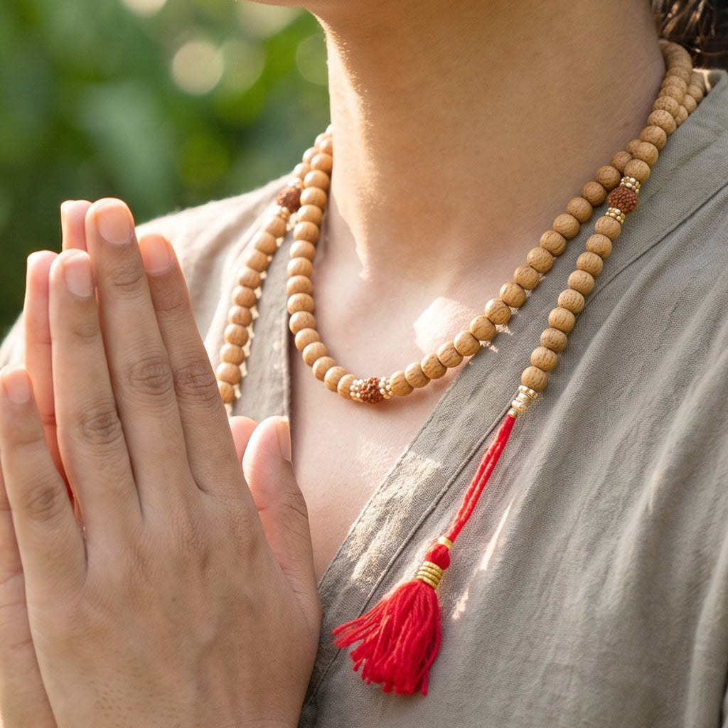 Sandalwood japa mala necklace with round light-wood beads and red tassel; worn at neck