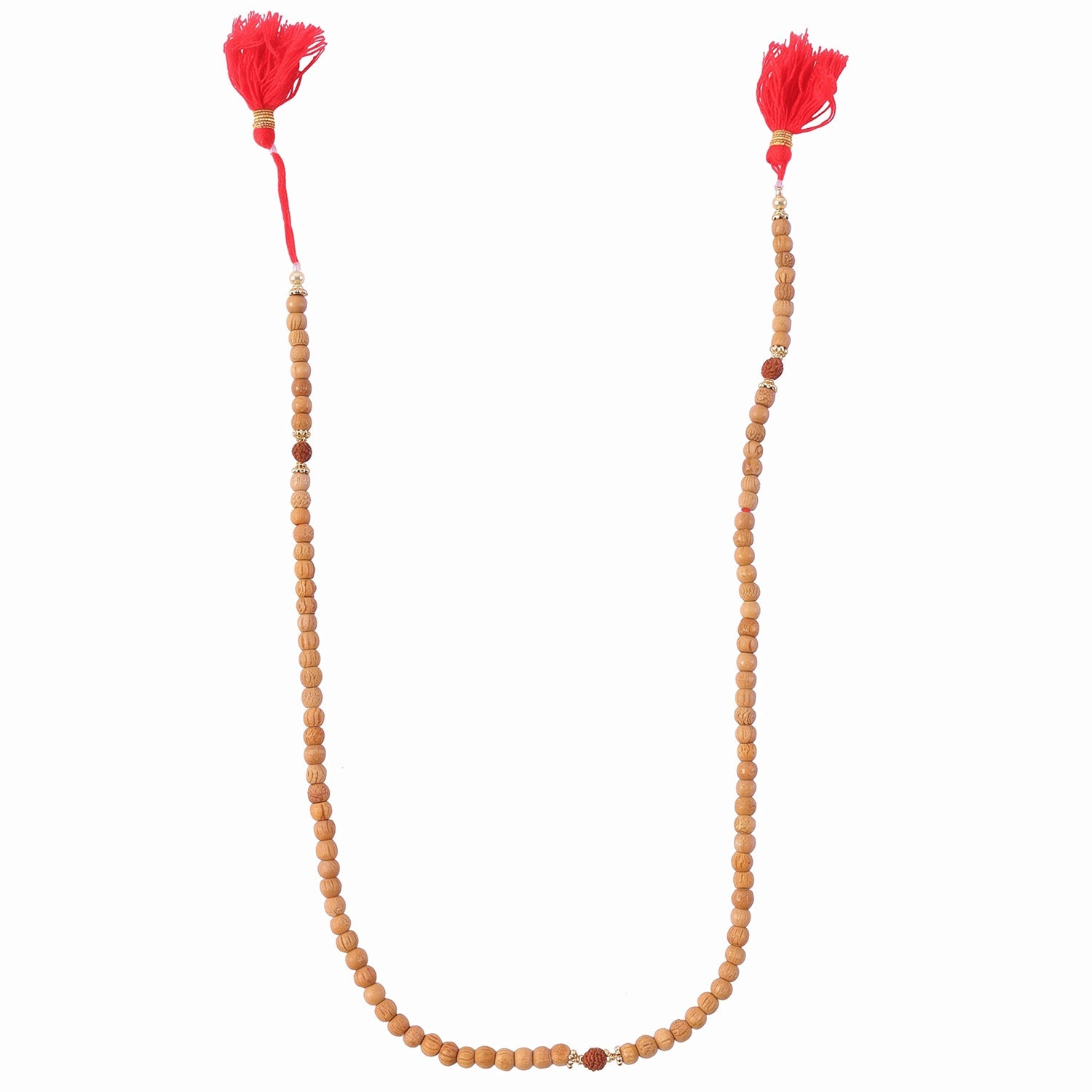 Single-row sandalwood mala necklace with light wooden beads and red tassel tips