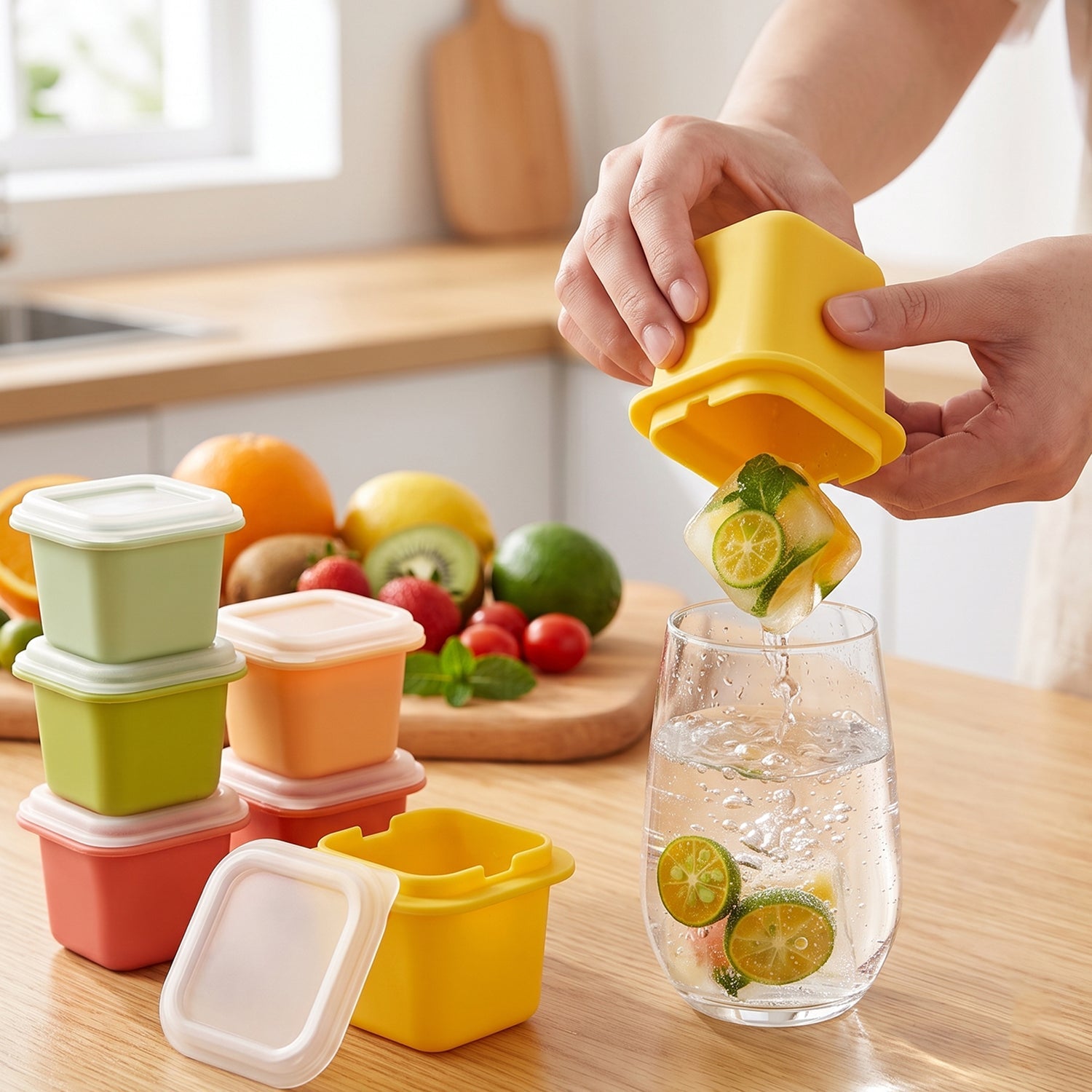 Square ice cube mould set with lids, yellow mould held over a clear drink glass