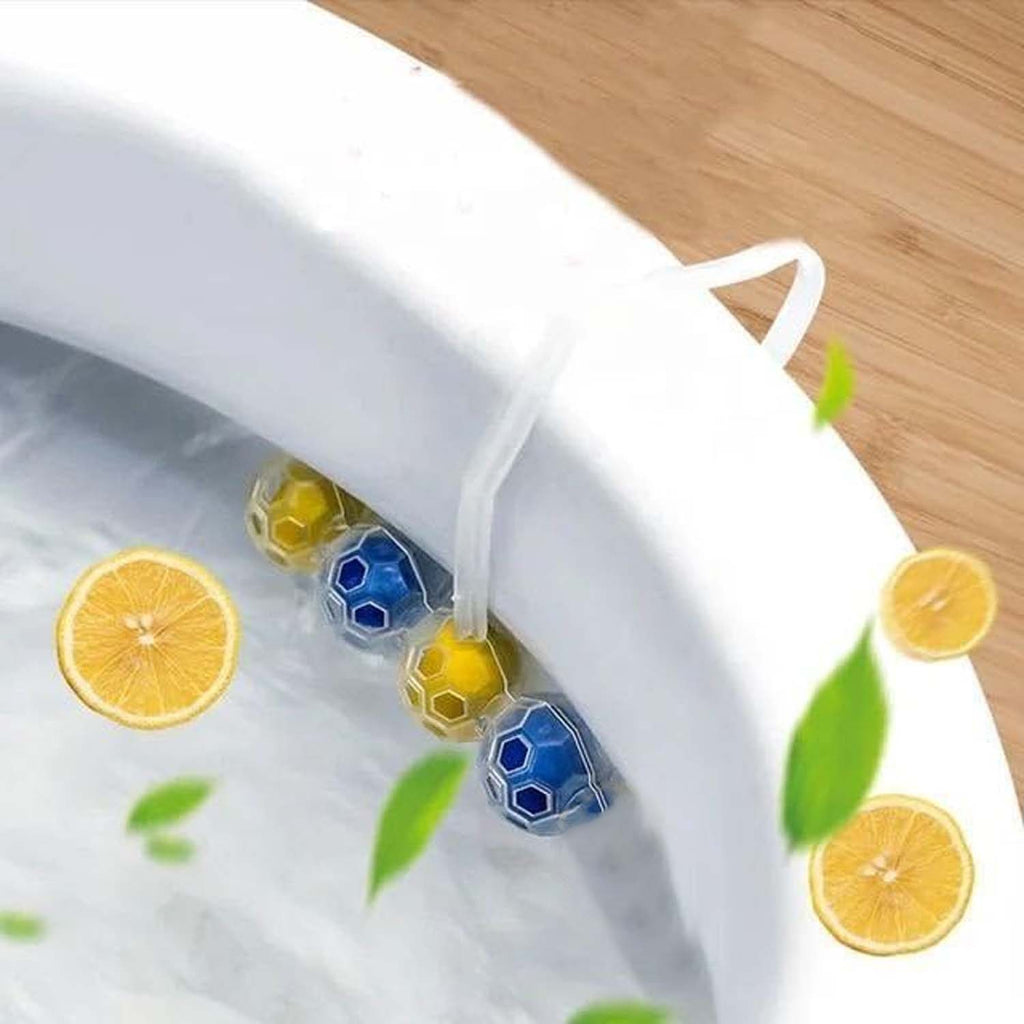 Dual-action toilet cleaning balls, blue and yellow spheres floating in bowl