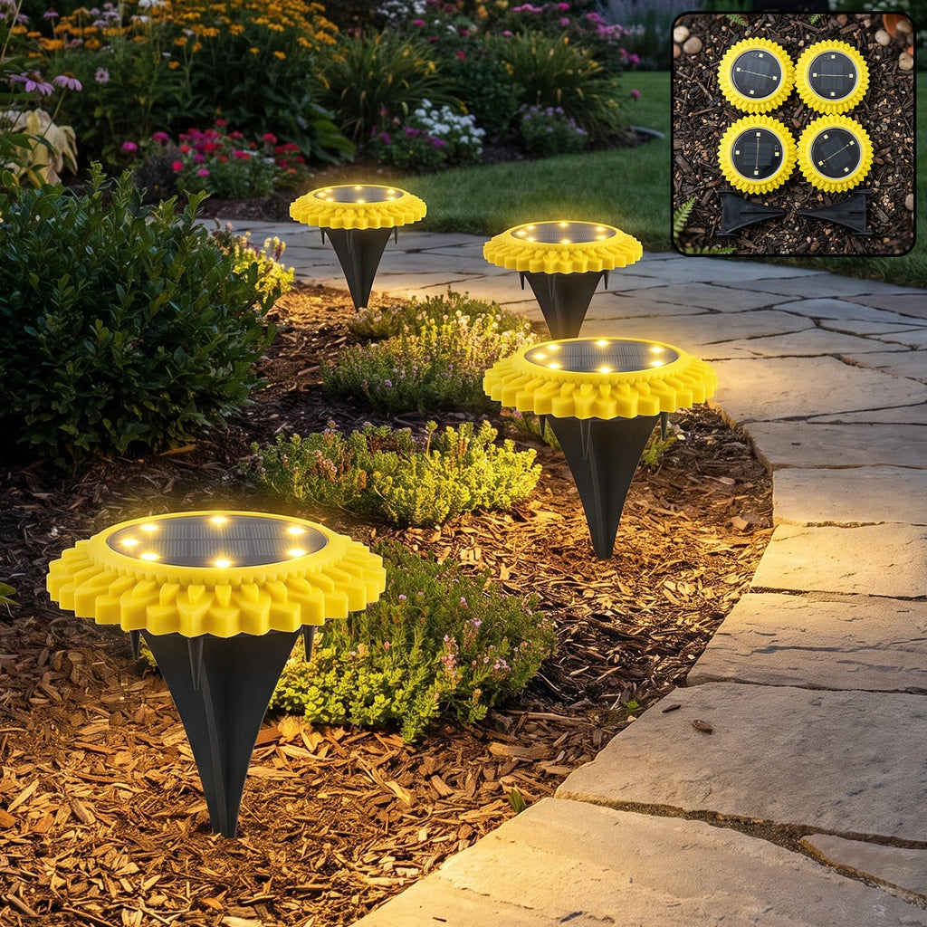 Sunflower solar path lights set of 4 with glowing LED discs on stakes