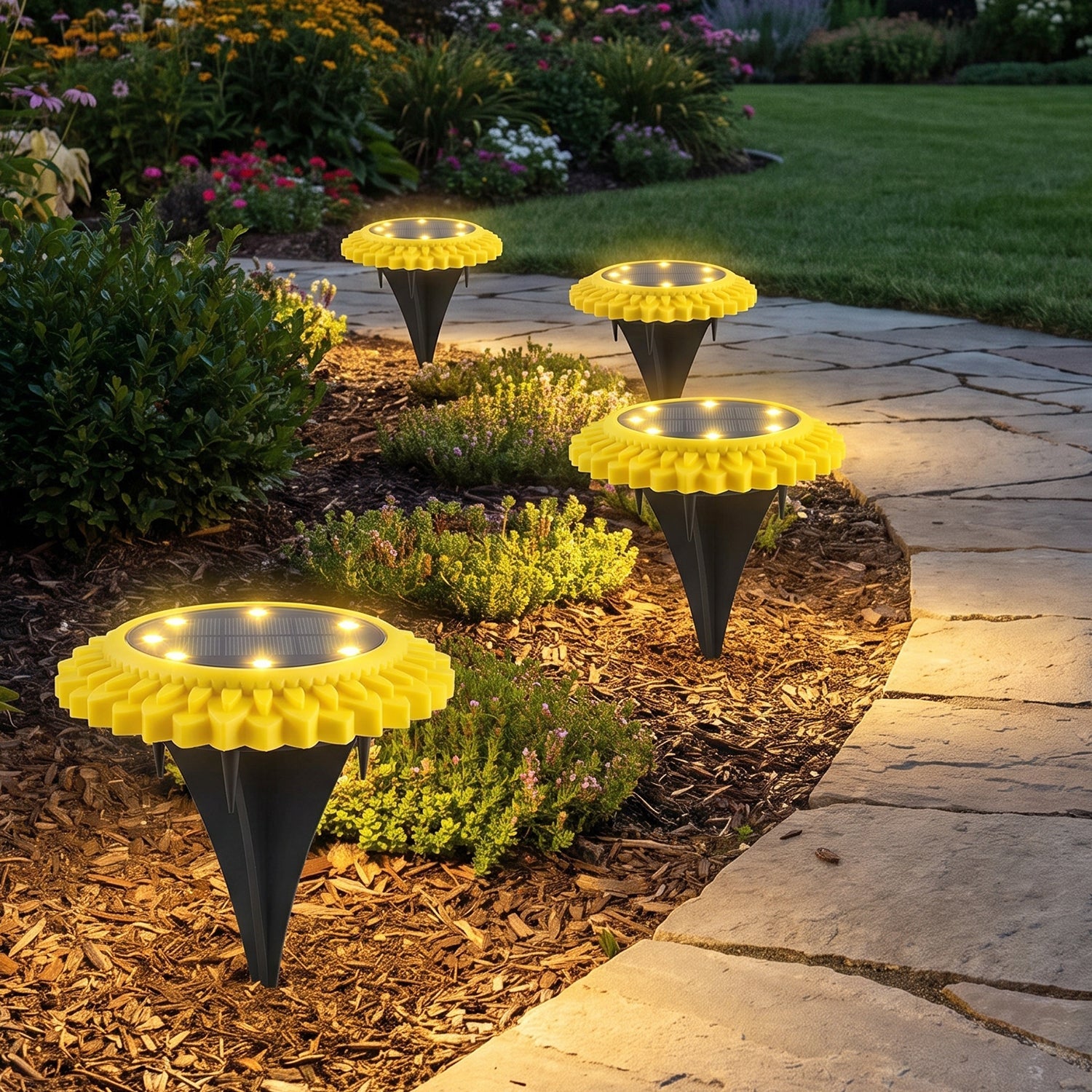 Sunflower solar garden stake lights, 4 pcs, glowing LED discs in landscape