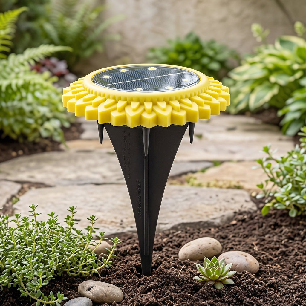 Sunflower solar stake light planted in soil with glowing LED disc