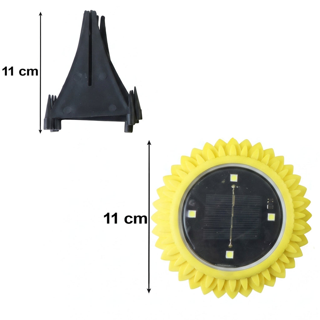 Sunflower solar light head with black stake base, size marked at 11 cm