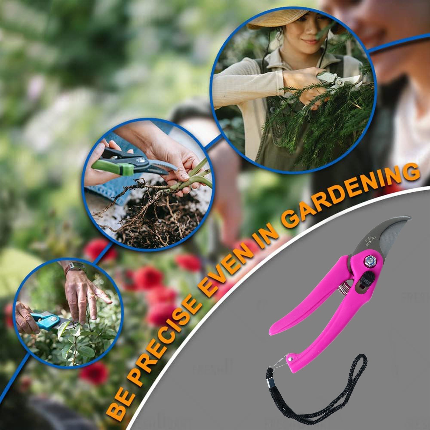 Pink garden pruning scissors with stainless steel blades with included black wrist strap