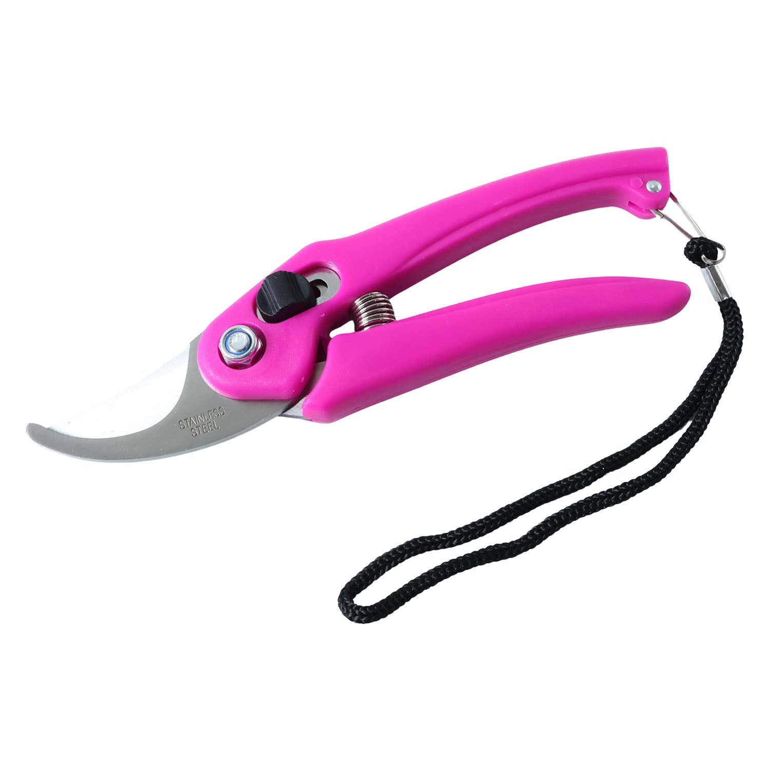 Pink garden pruning scissors with stainless steel blades and black wrist lanyard