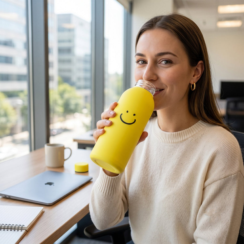 Yellow smiley-face travel water bottle with silicone sleeve, woman drinking