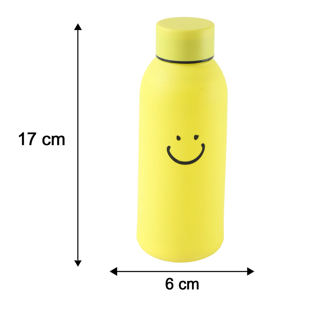 Yellow smiley-face travel water bottle with silicone sleeve, 17 cm height, 6 cm width