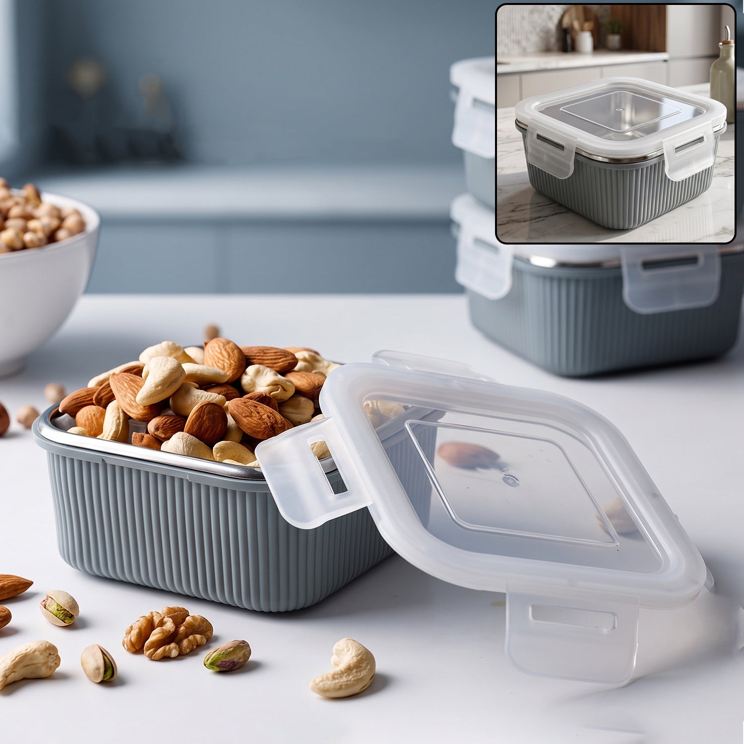 Square food storage container with gray ribbed body and clear airtight lid, filled with nuts