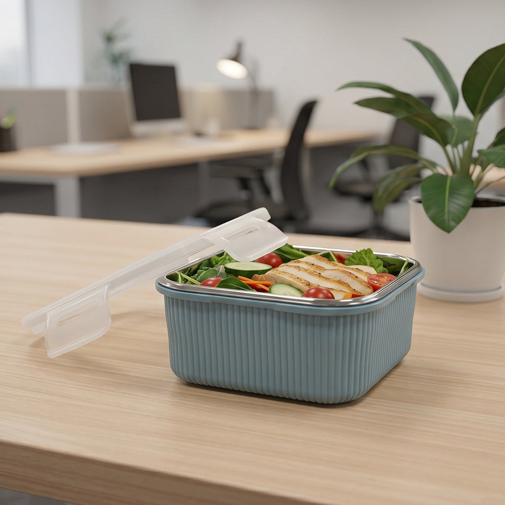 Square airtight food storage container with clear lid and gray ribbed sides, filled with salad
