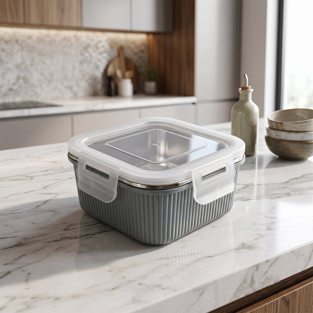 Square airtight food storage container with clear lid on a marble countertop