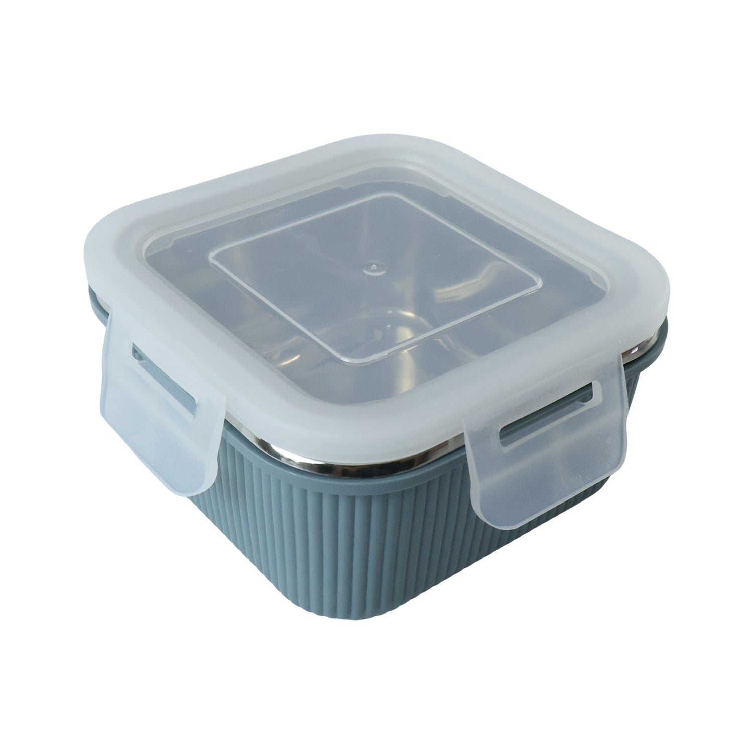 Square gray ribbed food storage container with clear hinged lid and snap latch