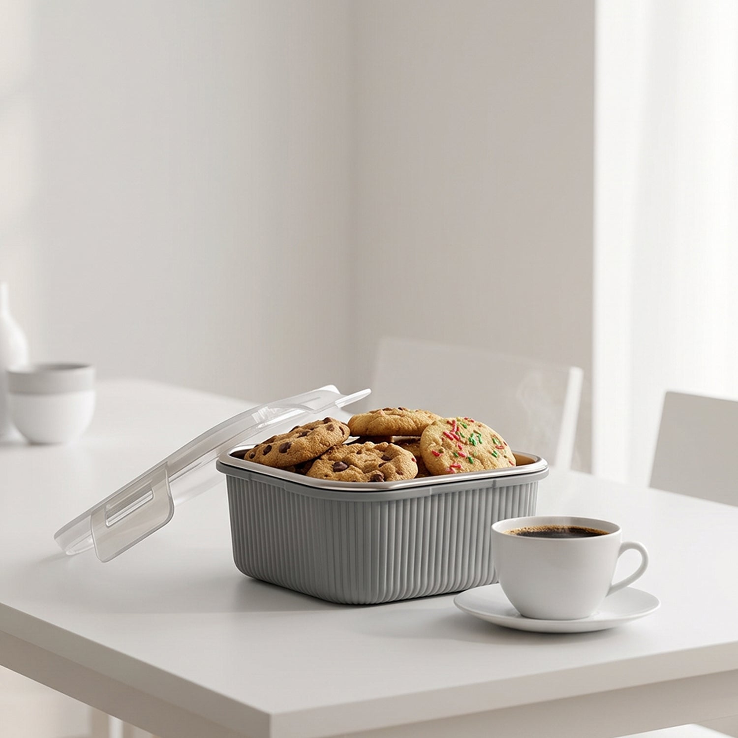 Square food storage container on countertop with clear lid, holding cookies and a pastry