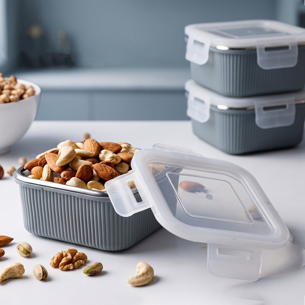Square airtight food storage container with clear lid and gray ribbed body, holding nuts