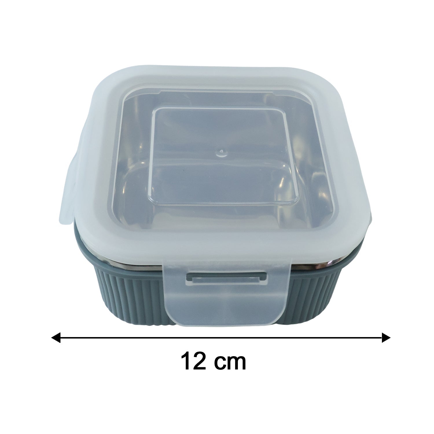 Square gray ribbed food container with clear lid and front latch, size shown 12 cm