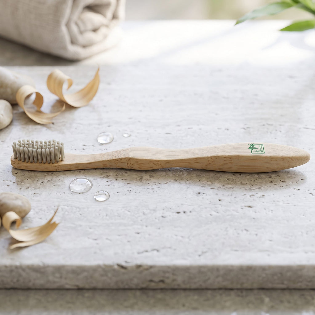 Soft bristle bamboo toothbrush with long wooden handle, side view
