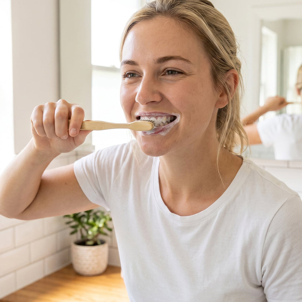 Bamboo toothbrush with soft bristles, in use by a person brushing teeth