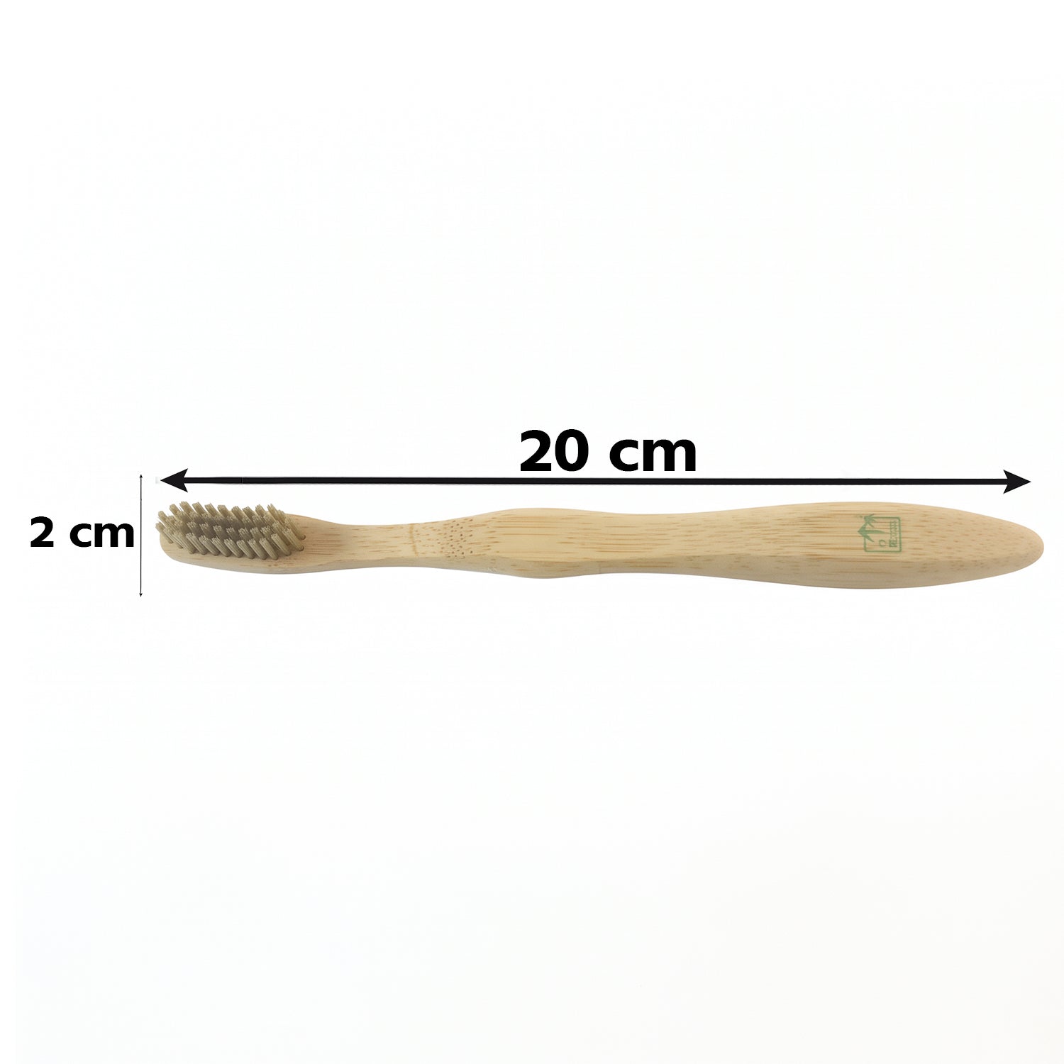 Soft bristle bamboo toothbrush with size markers: 20 cm long, 2 cm wide