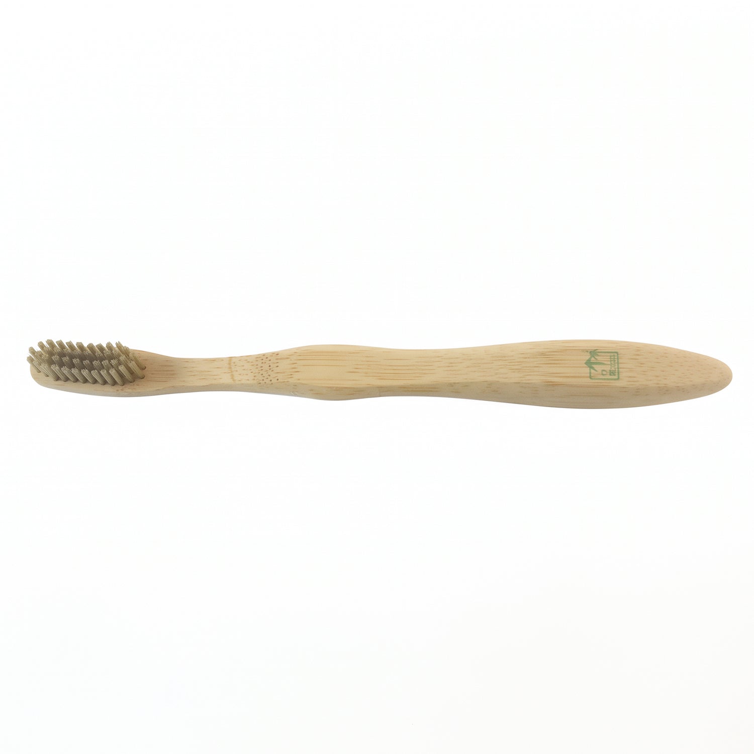 Bamboo toothbrush with soft bristles, light wood handle, side profile