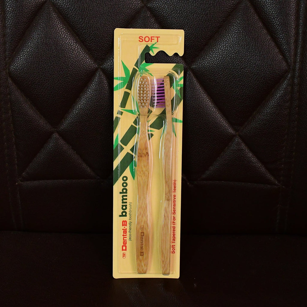 Bamboo toothbrush set in blister pack with soft bristles, purple and white tips