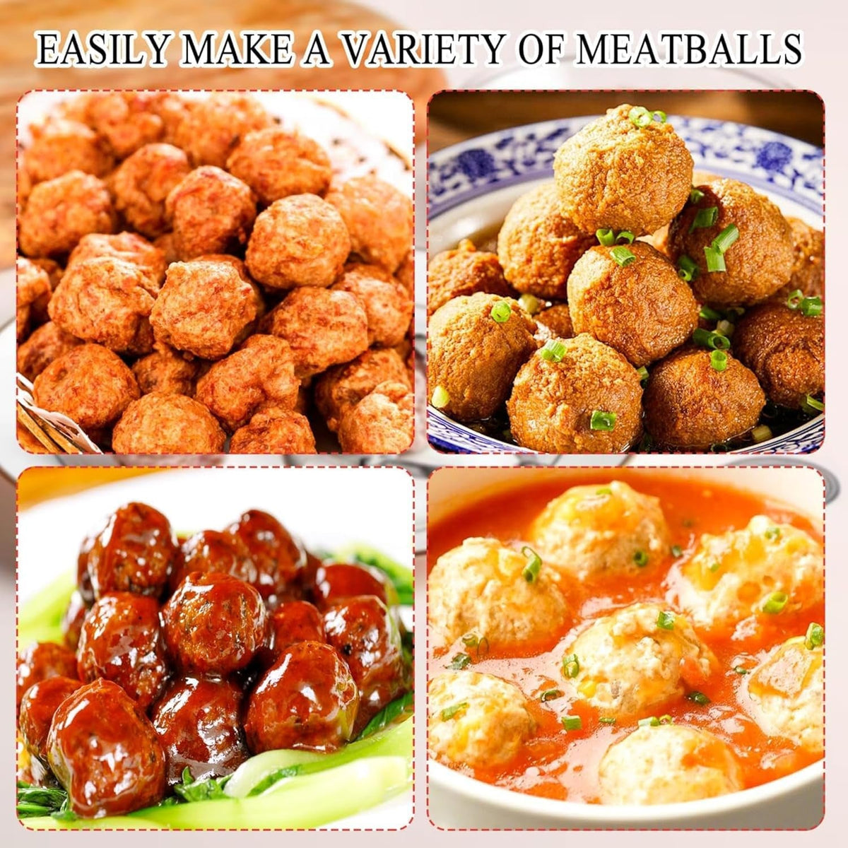 Assorted meatballs in four dishes: orange, golden, glazed red, and creamy sauce