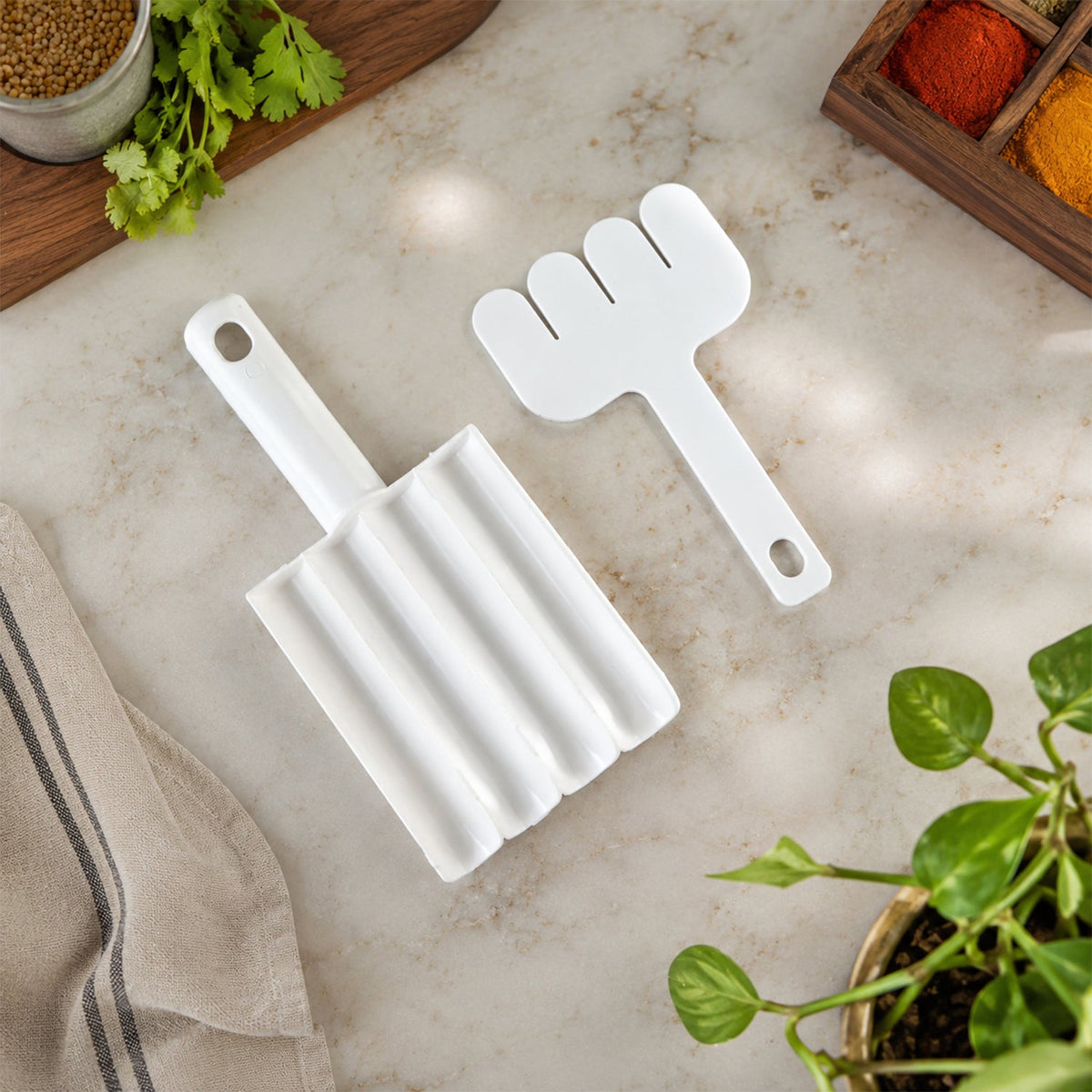 White multi-cavity fritter maker scoop and hand tool with loop handles (XcelCraft)