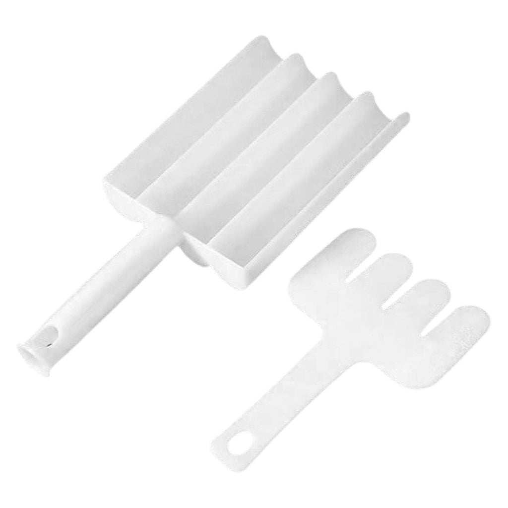 White fritter maker scoop and fork-style tool set with loop handle grips (XcelCraft)