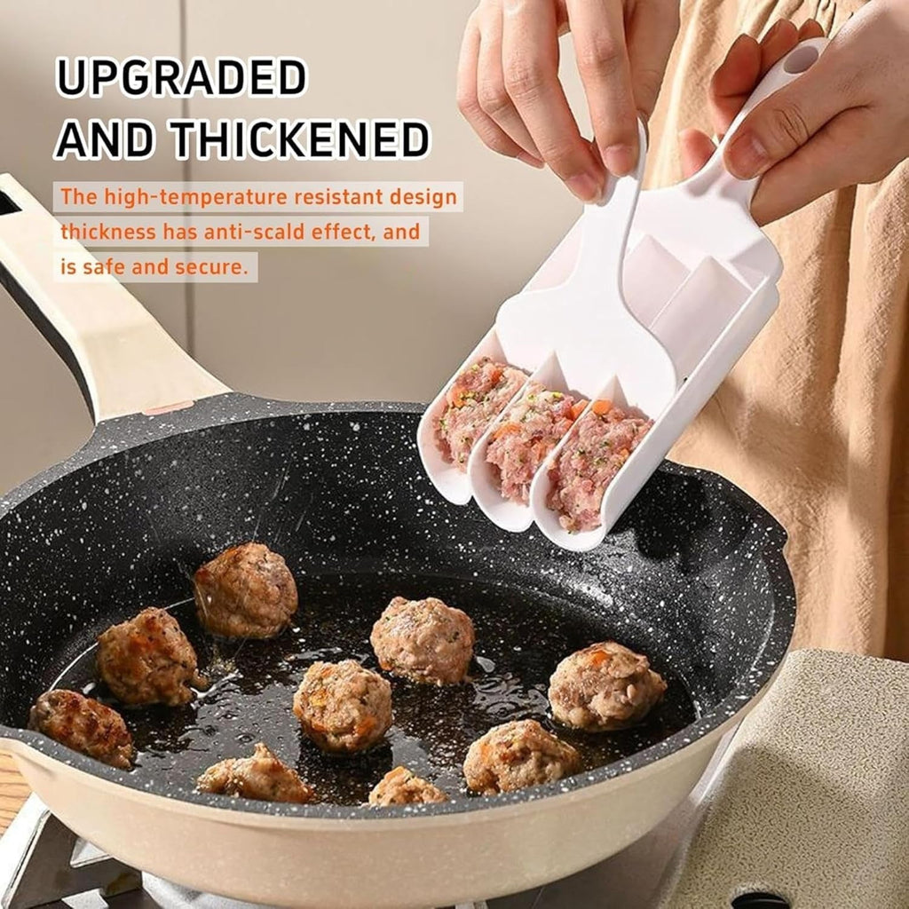 Fritter maker scoop dispensing balls into a skillet, white tray and handle (XcelCraft)