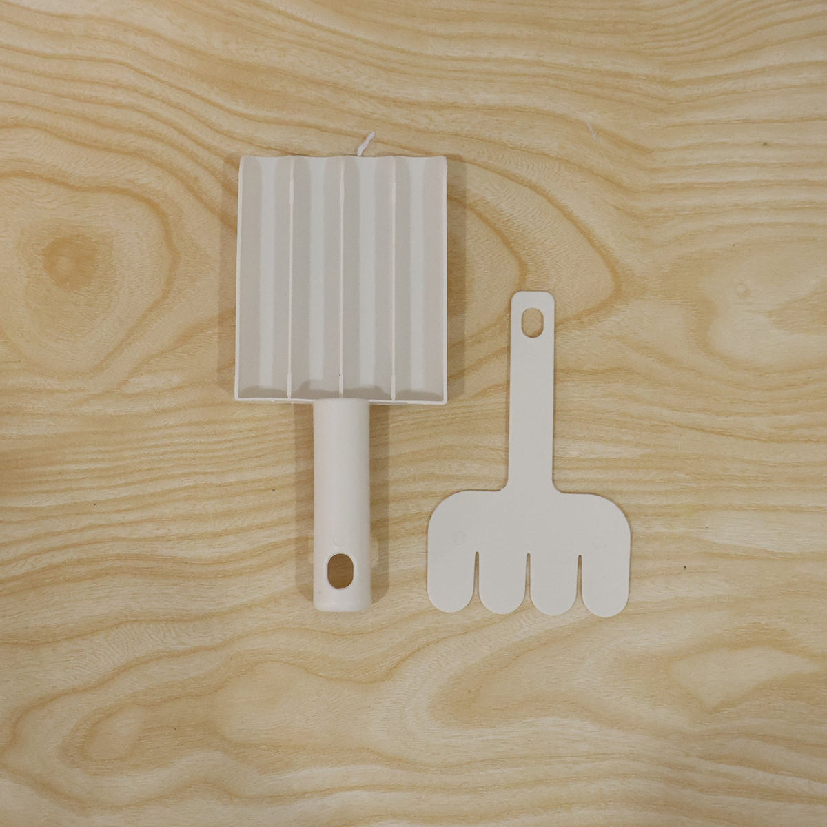 Fritter maker scoop and hand tool on wood, white multi-cavity tray and finger grip (XcelCraft)