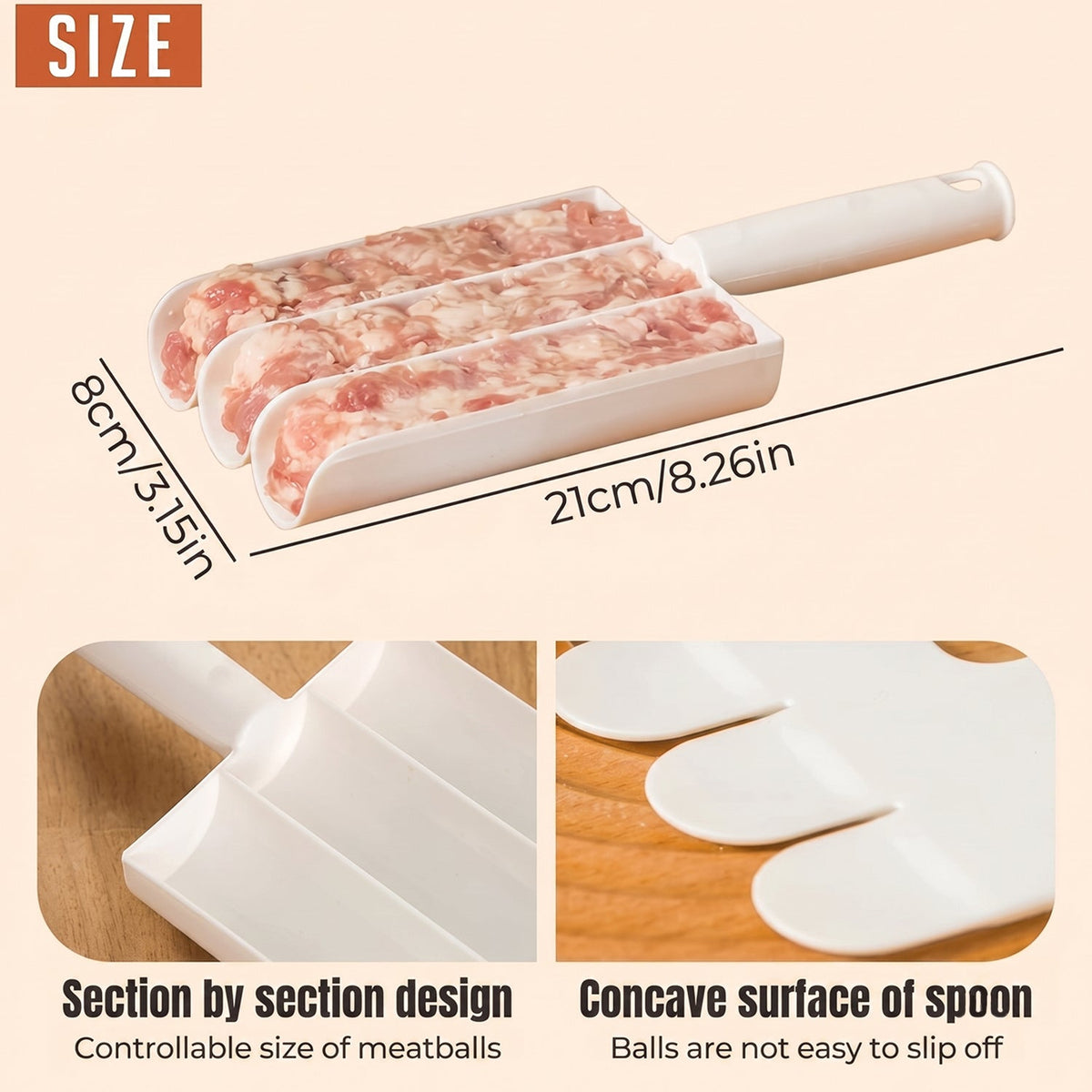 White fritter maker scoop with multi-cavity tray and extended handle (XcelCraft)