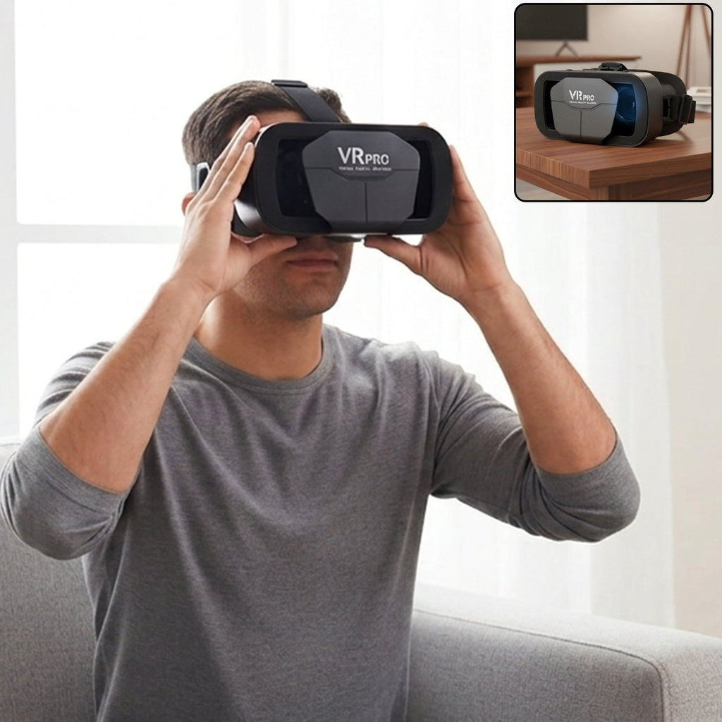 Black VR Pro VR headset with adjustable lenses, worn on a person’s face