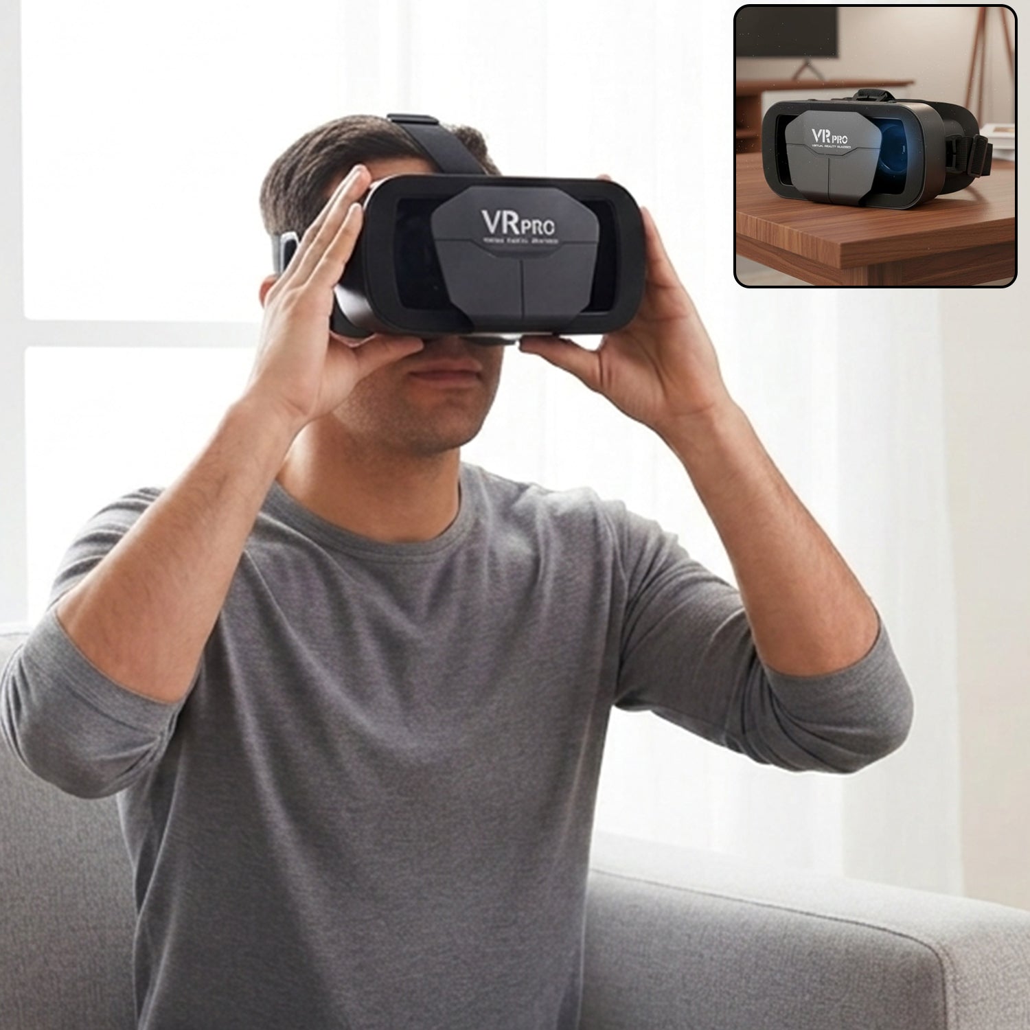 Black VR Pro VR headset with adjustable lenses, worn on a person’s face
