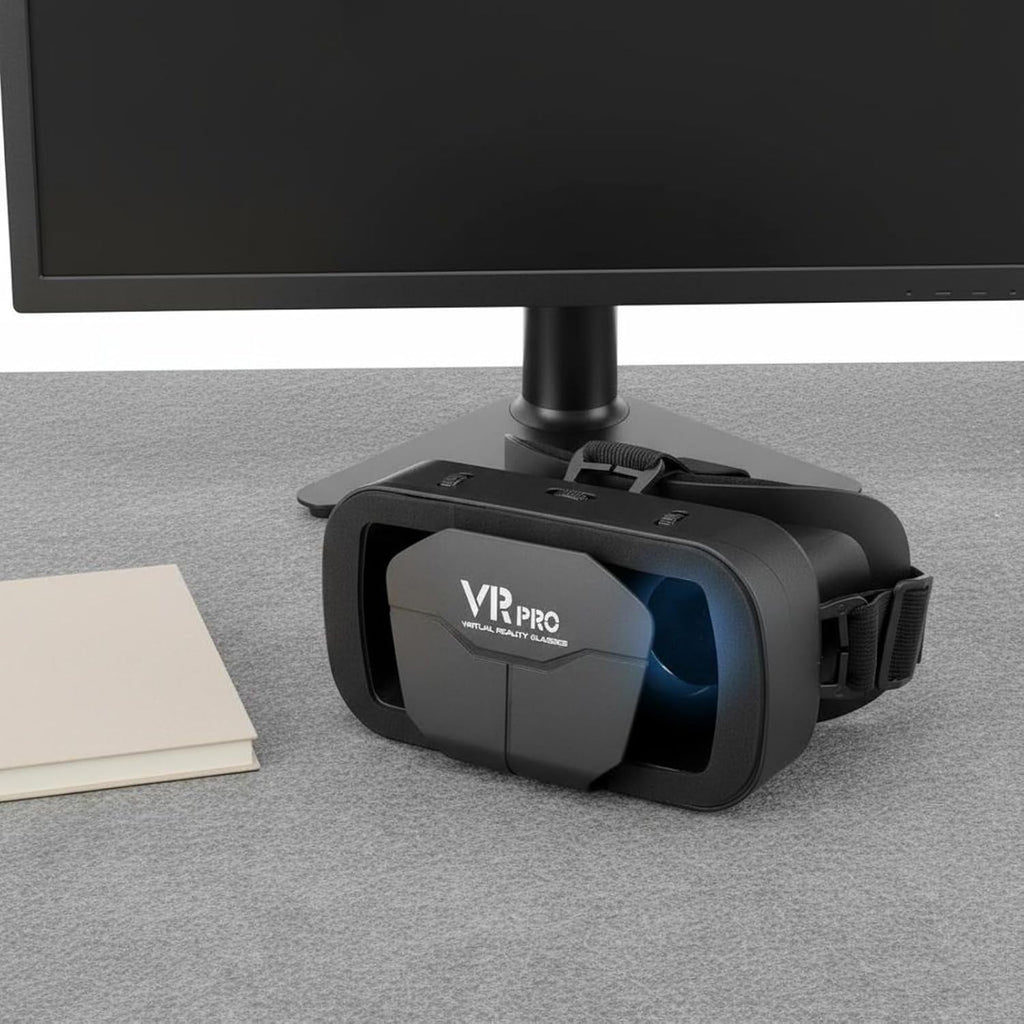 Black VR Pro VR headset with padded strap, angled view on a tabletop
