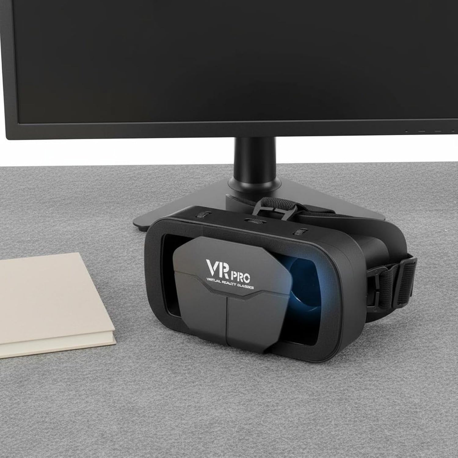 Black VR Pro VR headset with padded strap, angled view on a tabletop