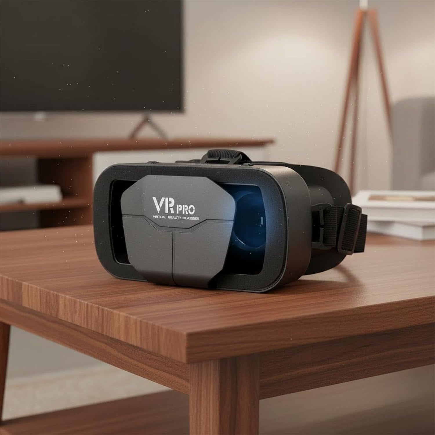Black VR Pro VR headset with adjustable lenses, resting on a wooden desk