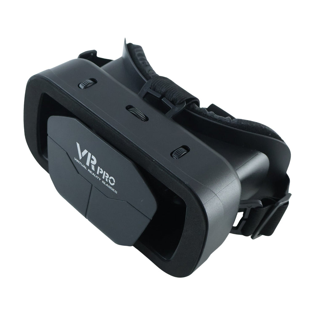 Black VR Pro VR headset, close-up of side panel and head strap